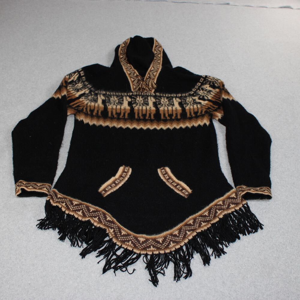 Edm Alpaca Sweater Women XL Black Hooded Fringe Peru Boho Tunic Art To Wear